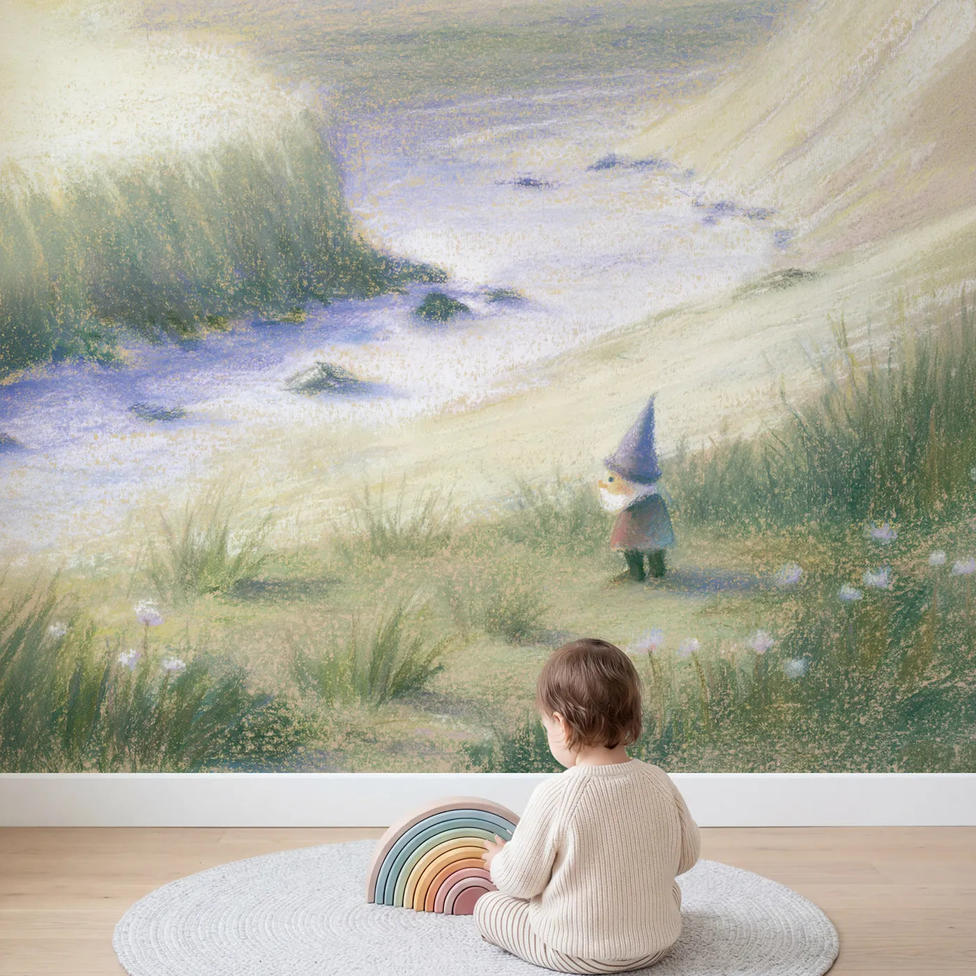 Child in nursery with Little Gnome Pastel Wallpaper Mural by Whimsy Tots