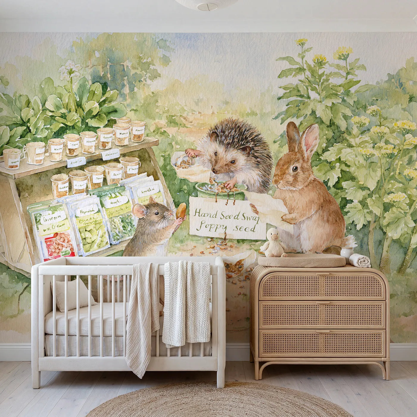 Watercolor seed swap table with packets and acorn cups, mural for a rented bedroom by Whimsy Tots