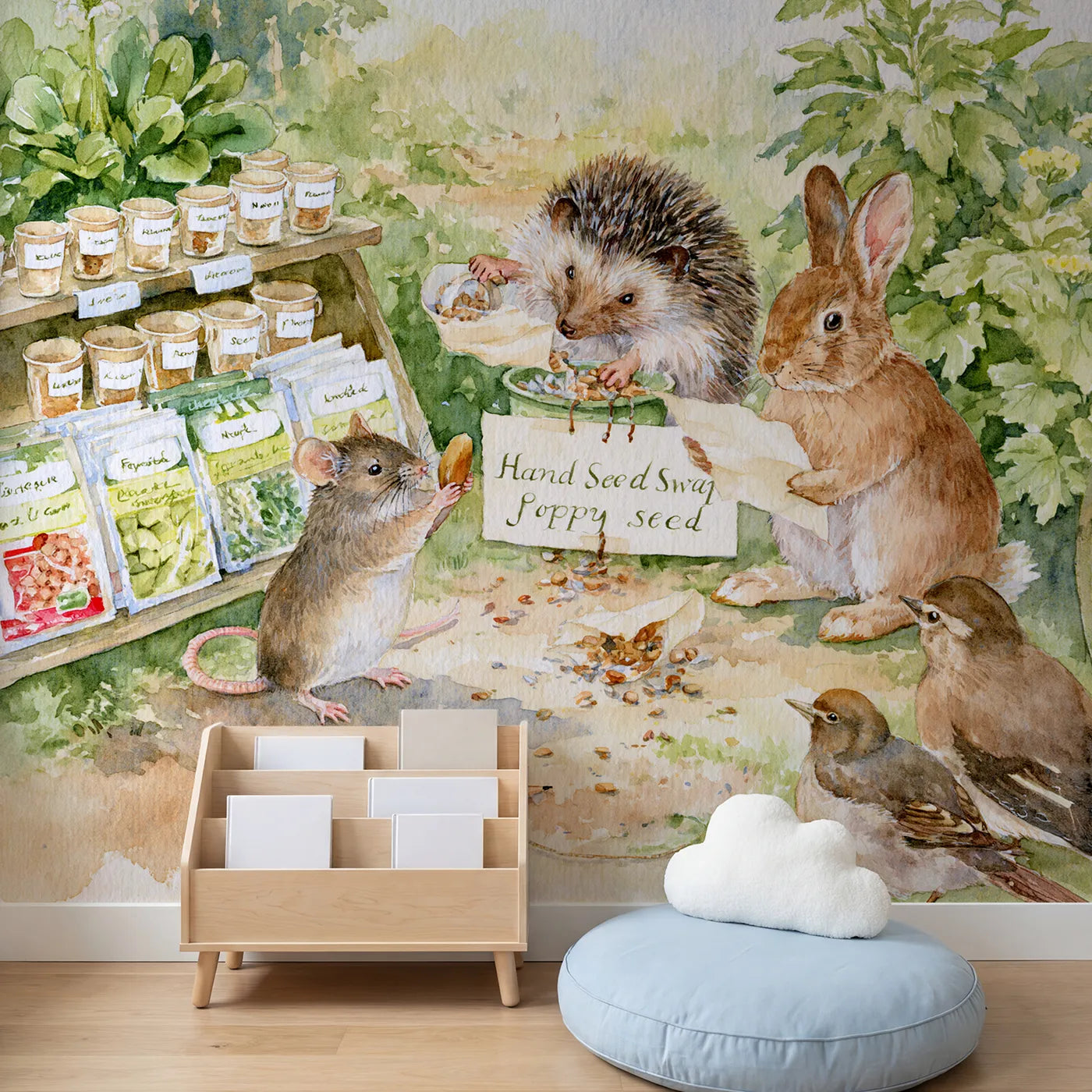 Child in nursery with The Seed Swap Wallpaper Mural by Whimsy Tots