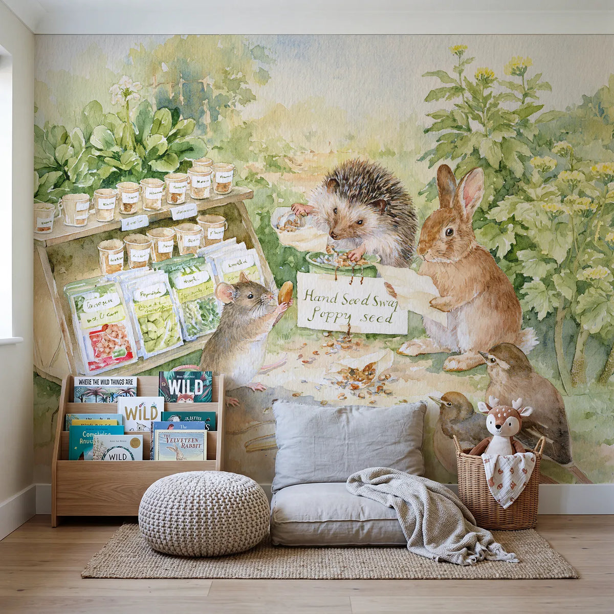 The Seed Swap Wallpaper Mural in playroom setting by Whimsy Tots