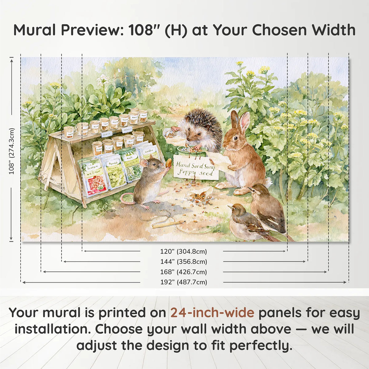 Panel layout and dimensions for The Seed Swap Wallpaper Mural by Whimsy Tots
