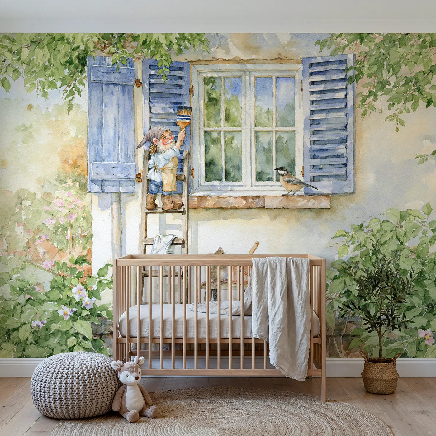 Watercolor gnome painting a cottage shutter soft blue, mural for a rented bedroom by Whimsy Tots