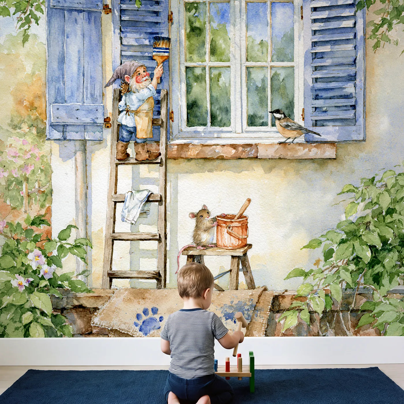 Child in nursery with Painting the Shutters Wallpaper Mural by Whimsy Tots