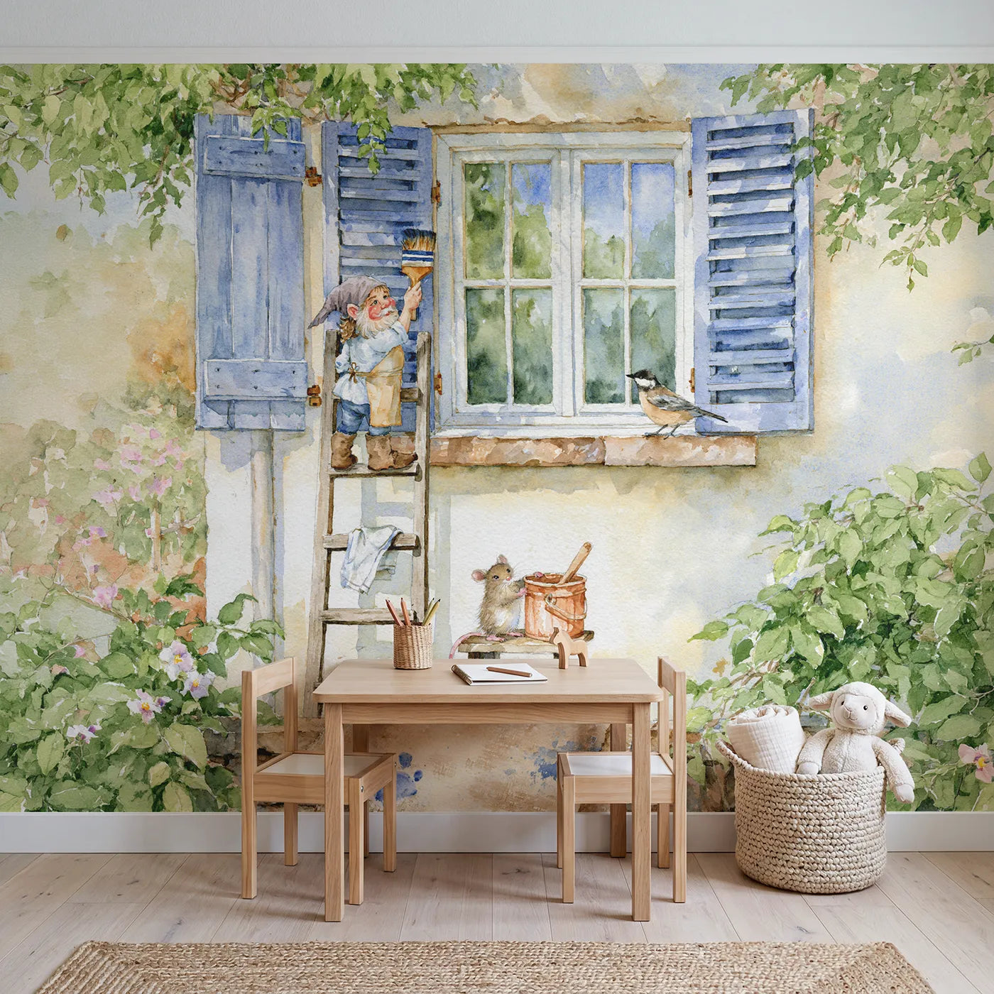 Painting the Shutters Wallpaper Mural in playroom setting by Whimsy Tots