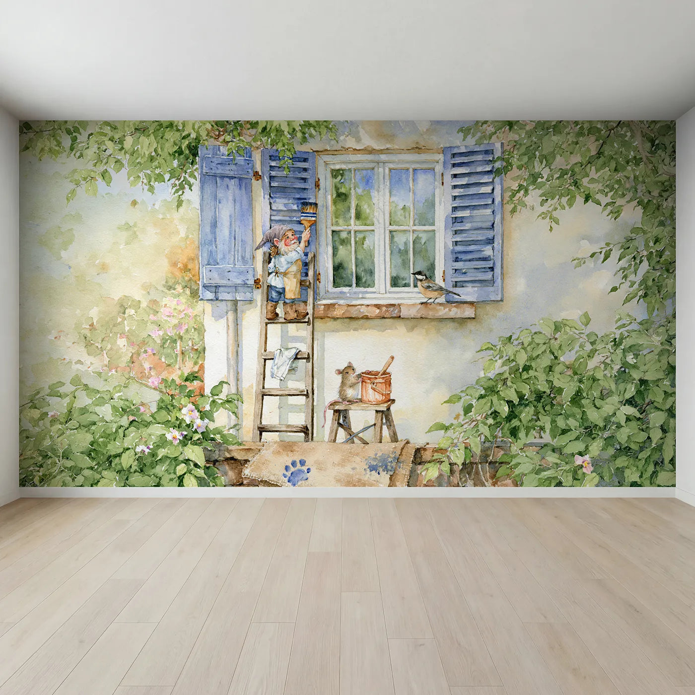 Full view of Painting the Shutters Wallpaper Mural by Whimsy Tots