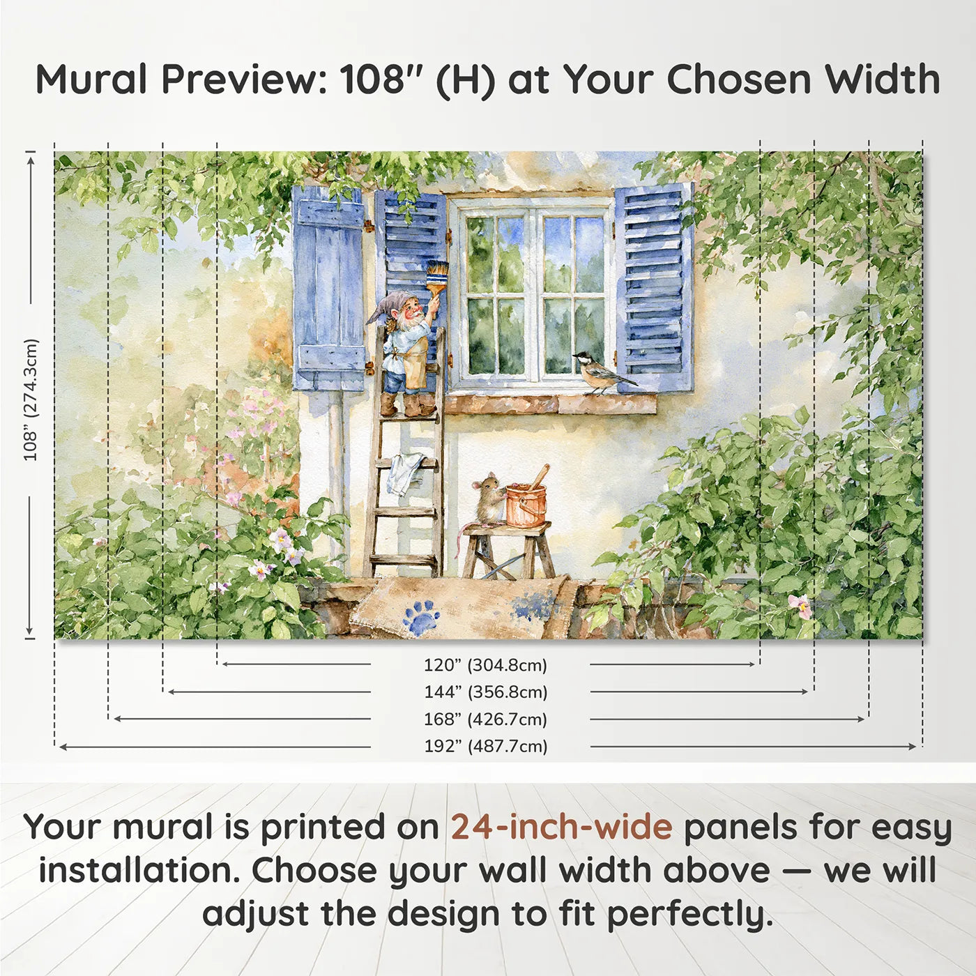 Panel layout and dimensions for Painting the Shutters Wallpaper Mural by Whimsy Tots