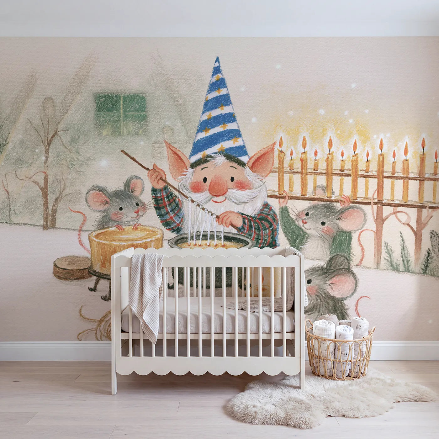 Colored Pencil candle dipping into a pot of warm wax, mural for a toddler room by Whimsy Tots