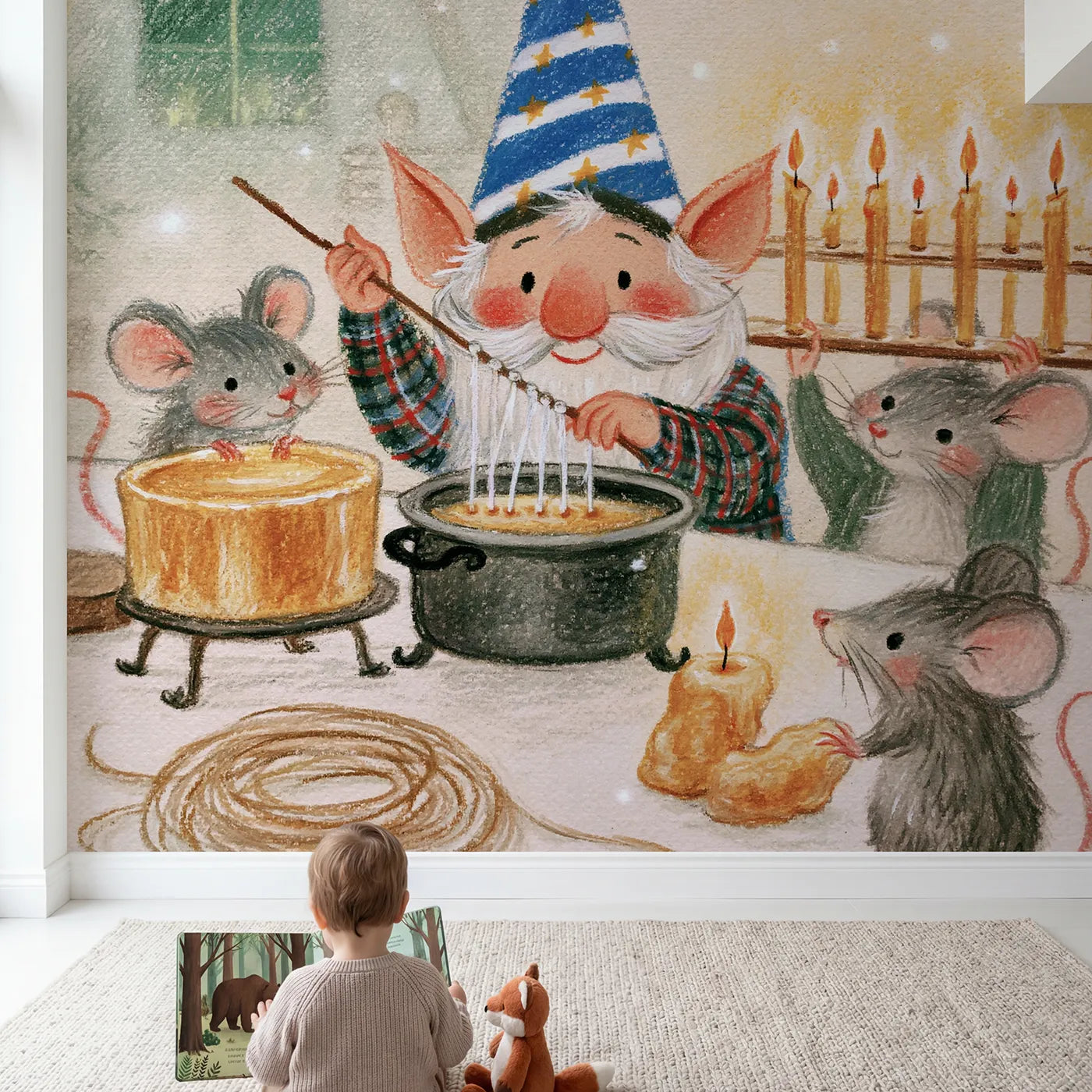 Child in nursery with Candle Dipping Evening Wallpaper Mural by Whimsy Tots