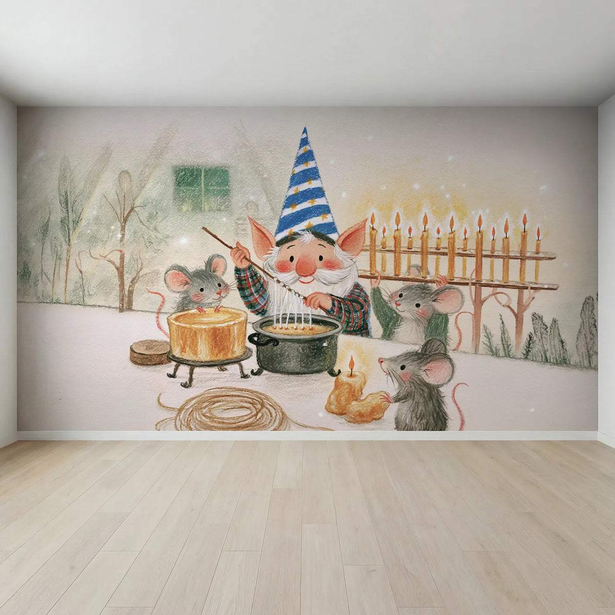 Full view of Candle Dipping Evening Wallpaper Mural by Whimsy Tots