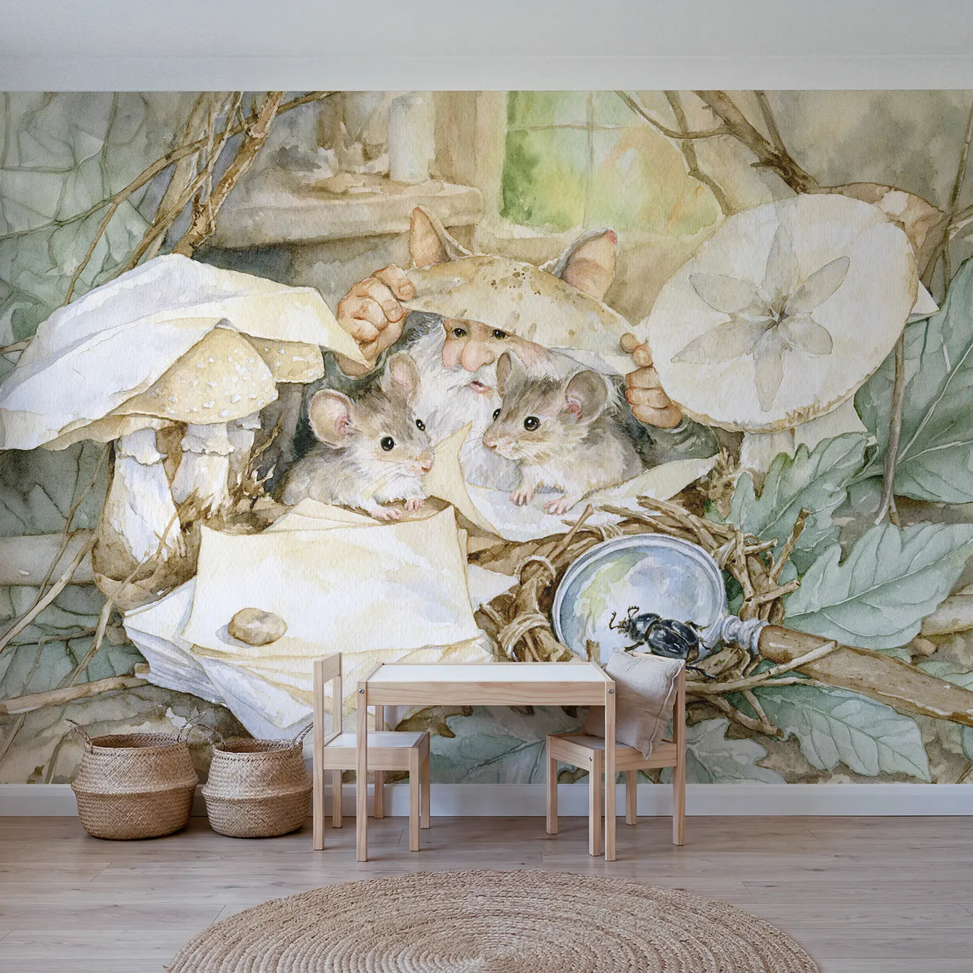 Watercolor spore print under a lifted mushroom cap, mural for a big-kid bedroom by Whimsy Tots