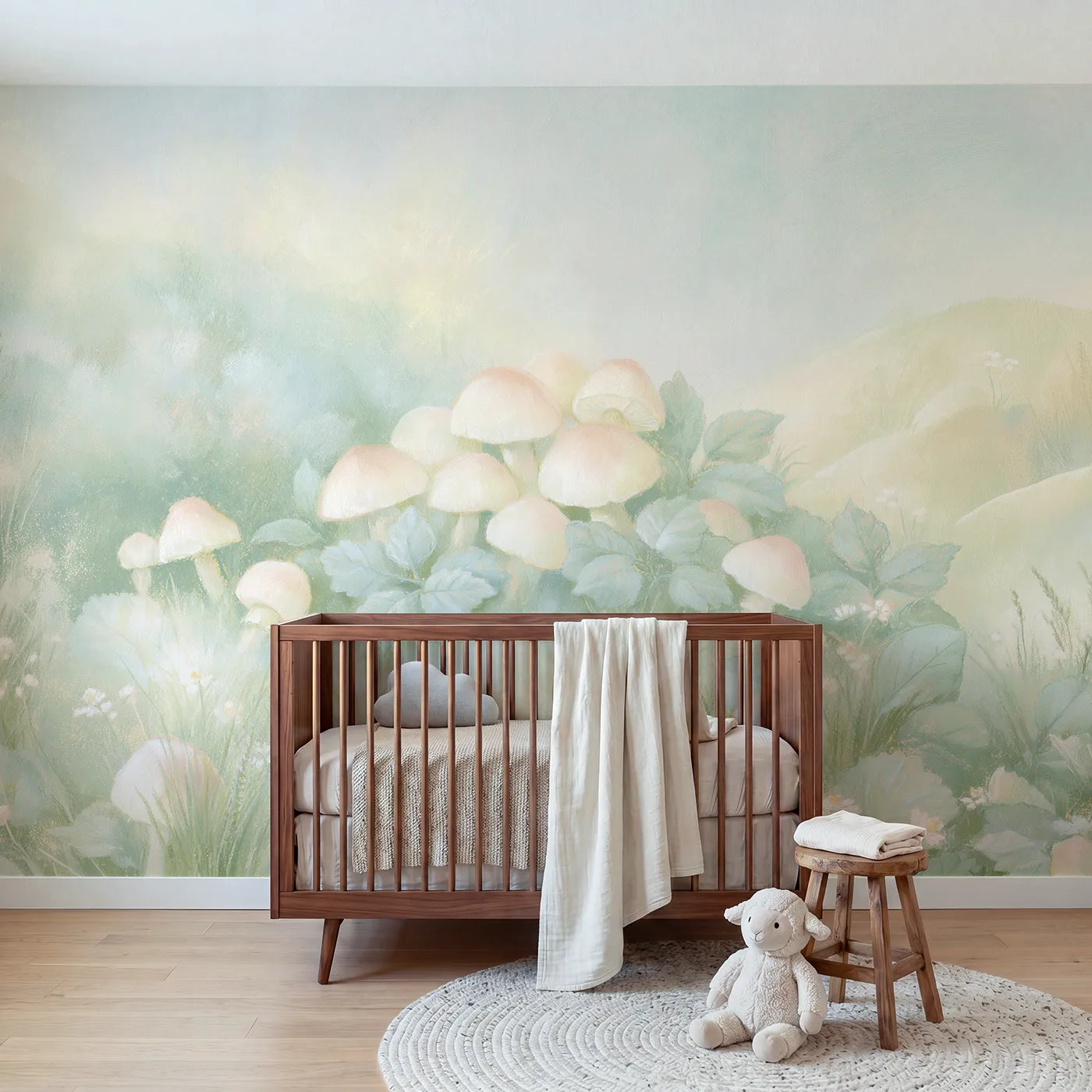 Chalk pastel wall mural of mushrooms and leaves on pale sage by Whimsy Tots