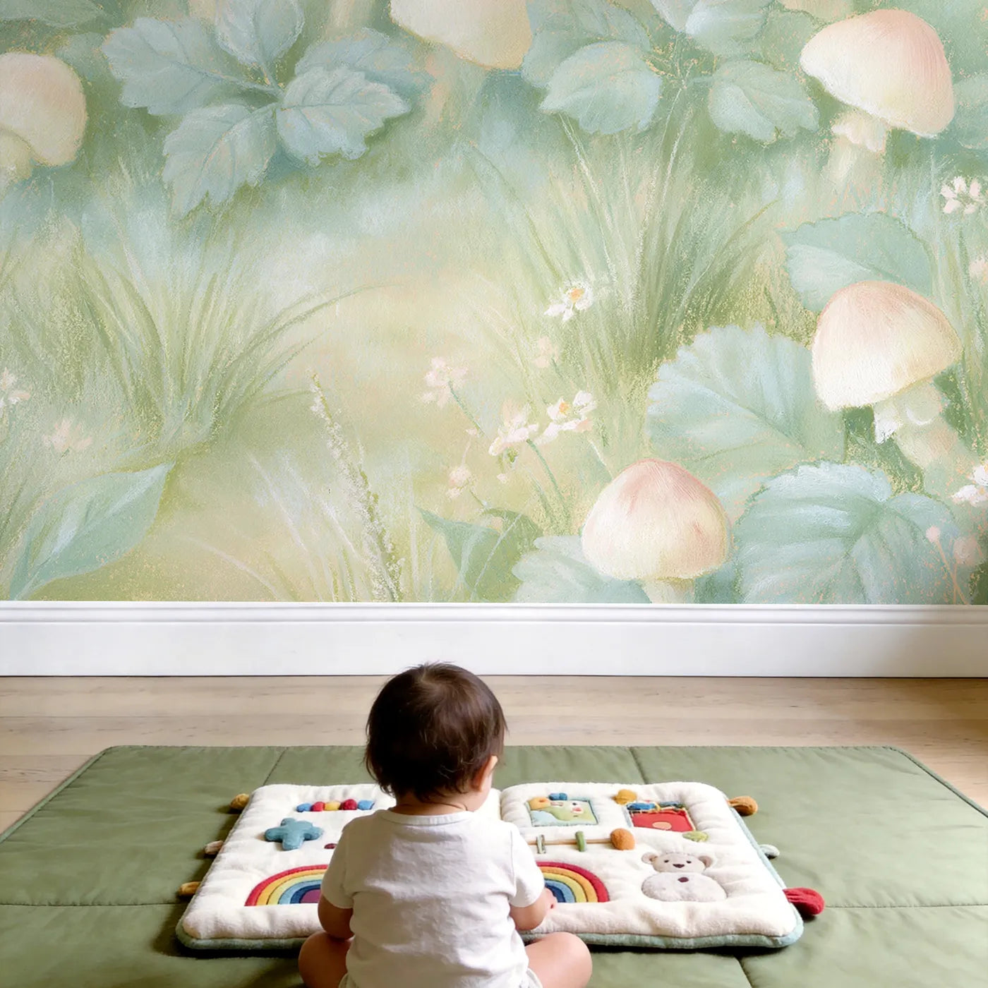 Child in nursery with Soft Woodland Dream Wallpaper Mural by Whimsy Tots