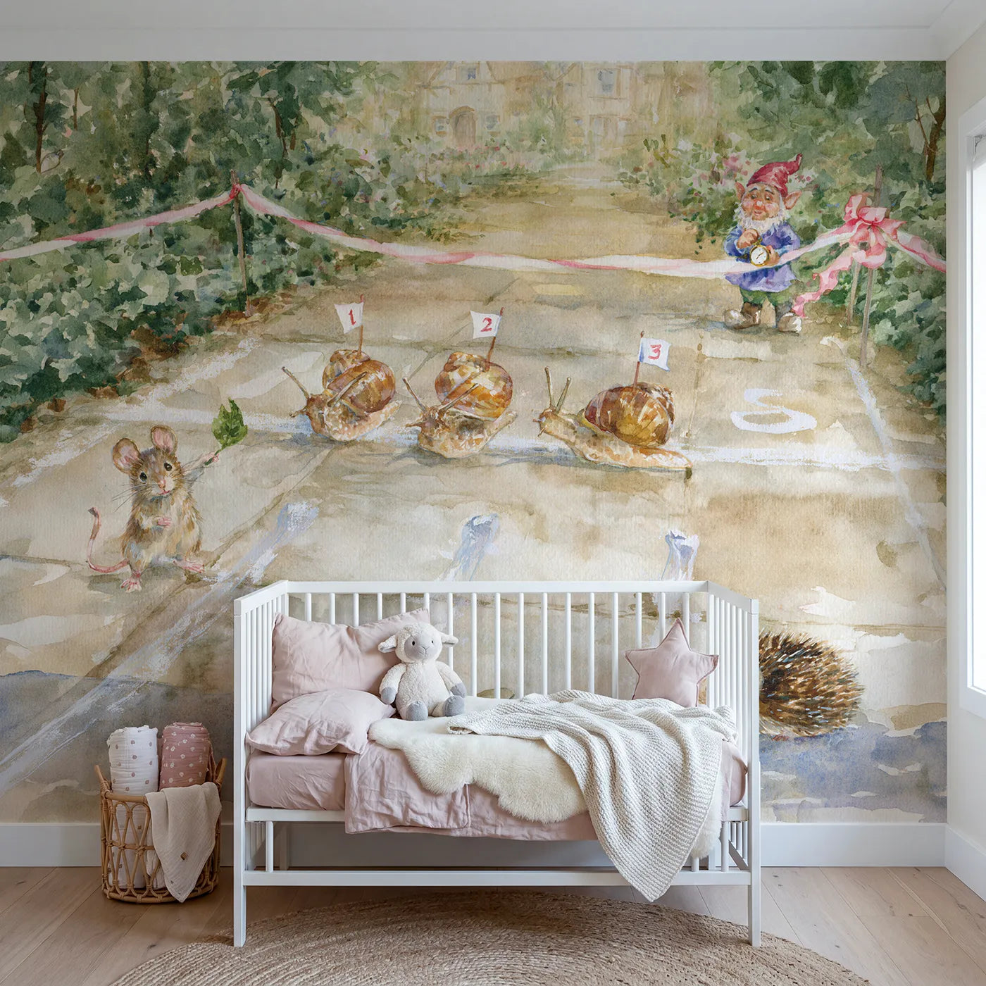 Watercolor snail race across a chalked garden flagstone, mural for a playroom by Whimsy Tots