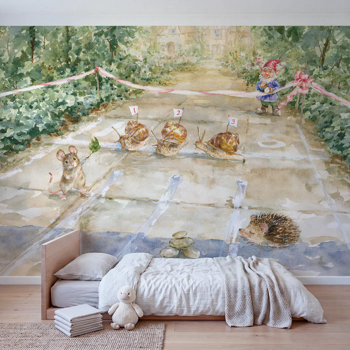 The Great Snail Race Wallpaper Mural in playroom setting by Whimsy Tots