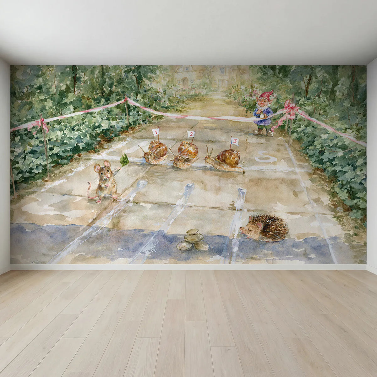 Full view of The Great Snail Race Wallpaper Mural by Whimsy Tots