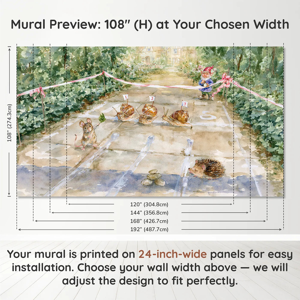Panel layout and dimensions for The Great Snail Race Wallpaper Mural by Whimsy Tots