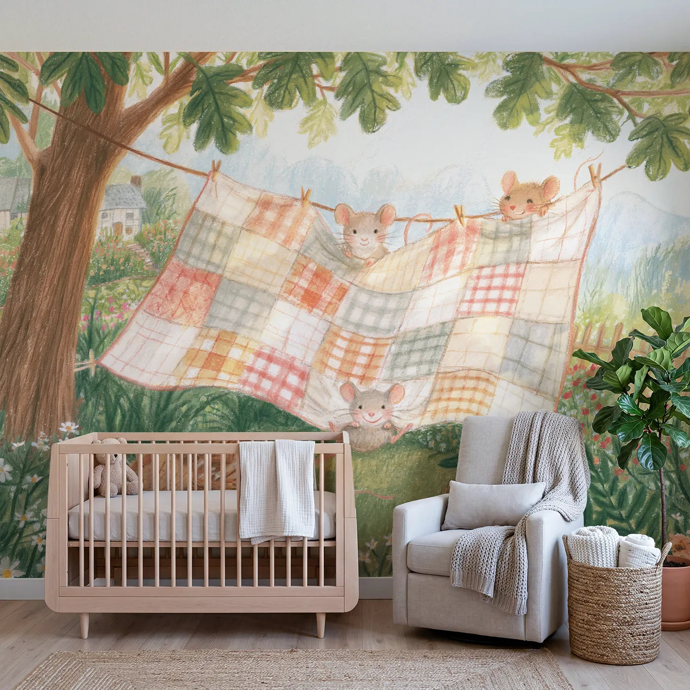 Colored Pencil patchwork quilt airing with hiding mice, mural for a shared kids room by Whimsy Tots