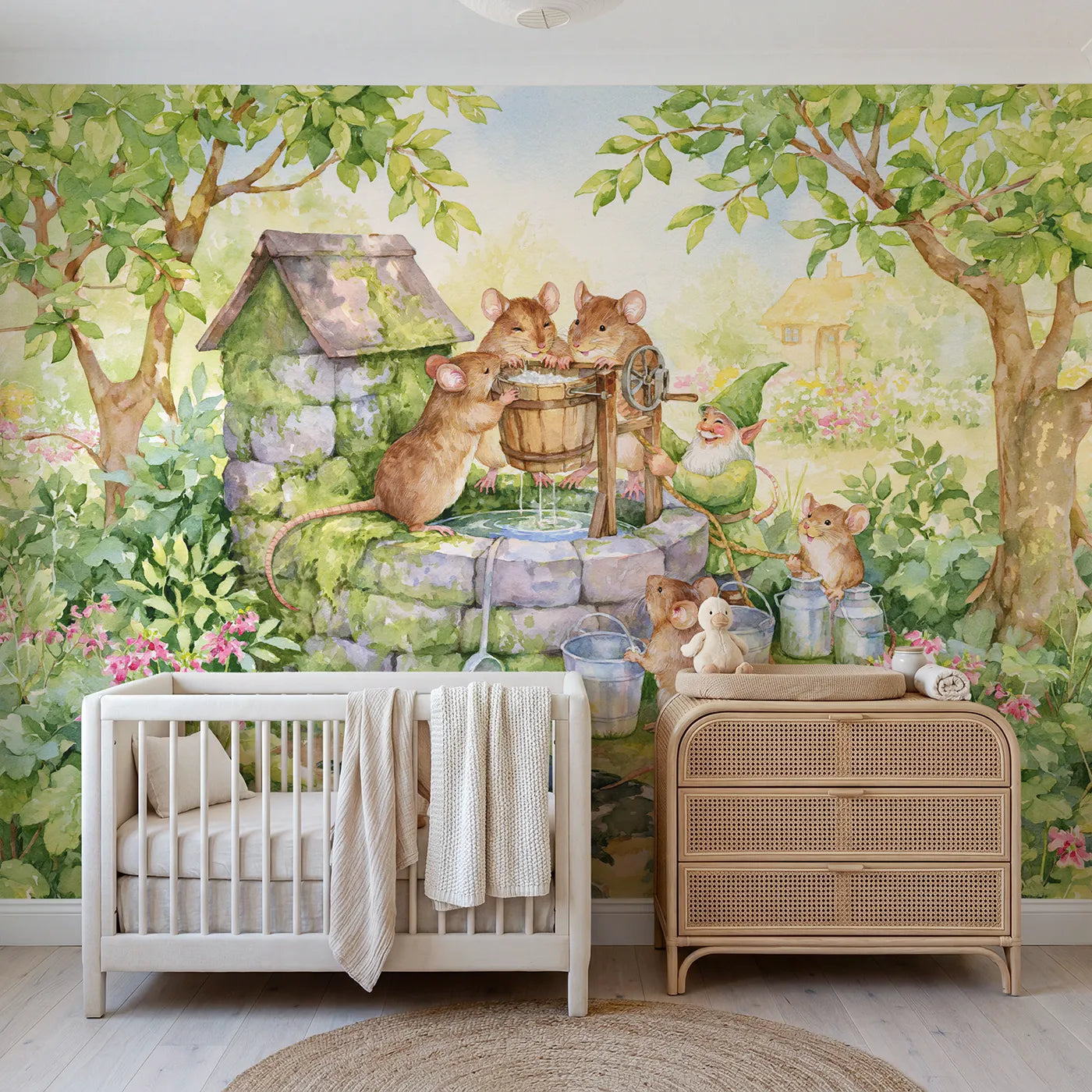 Watercolor mice raising a bucket at a mossy garden well, mural for a kids room by Whimsy Tots