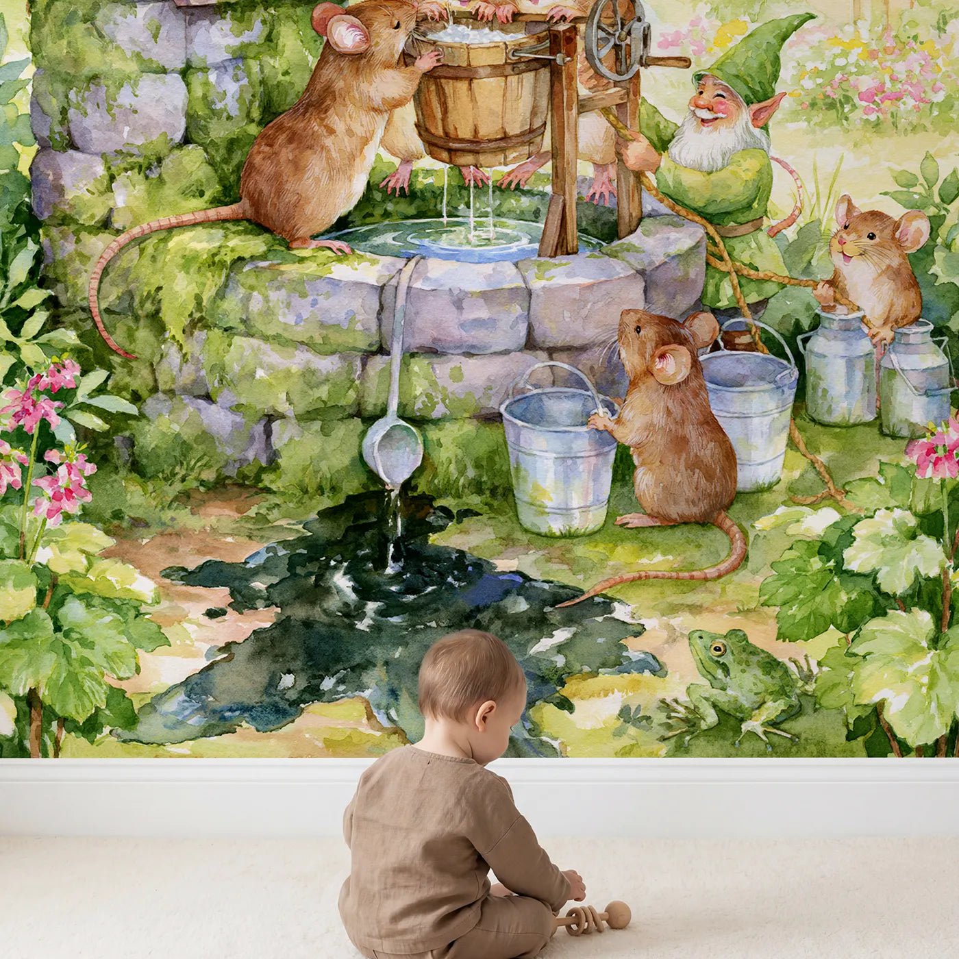 Child in nursery with Drawing Water at the Well Wallpaper Mural by Whimsy Tots