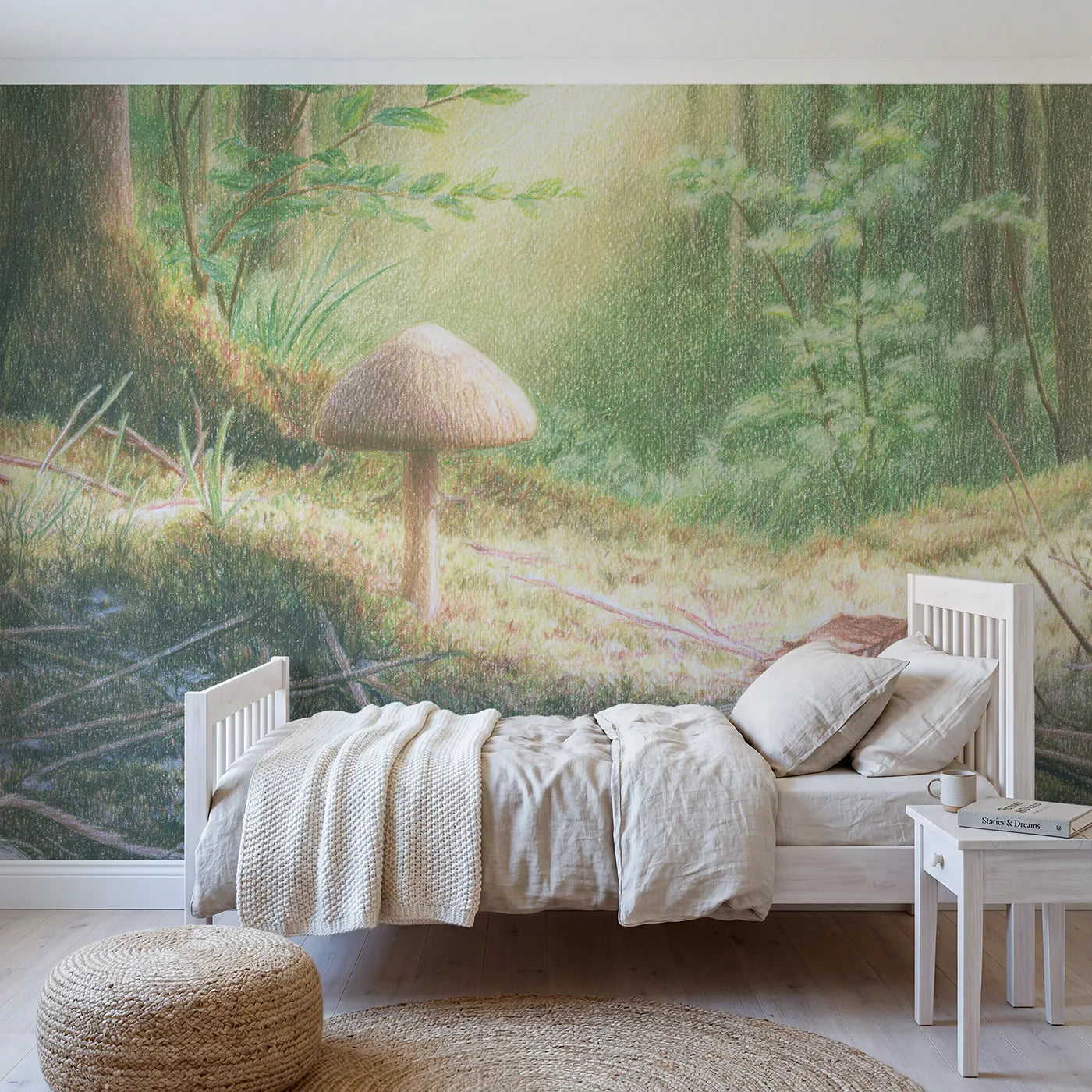 Colored pencil wall mural of a parasol mushroom on soft blush by Whimsy Tots