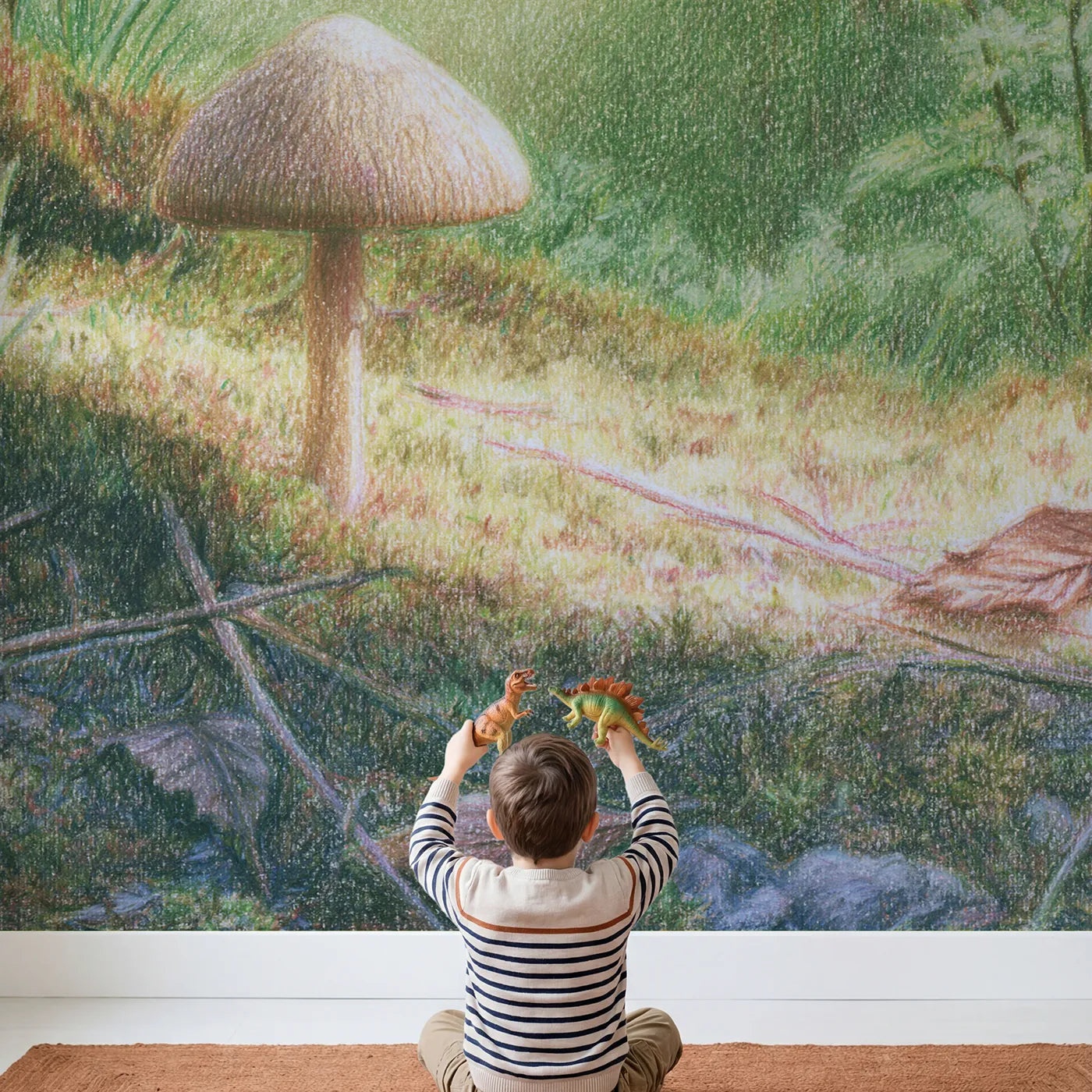 Child in nursery with Soft Parasol Mushroom Wallpaper Mural by Whimsy Tots