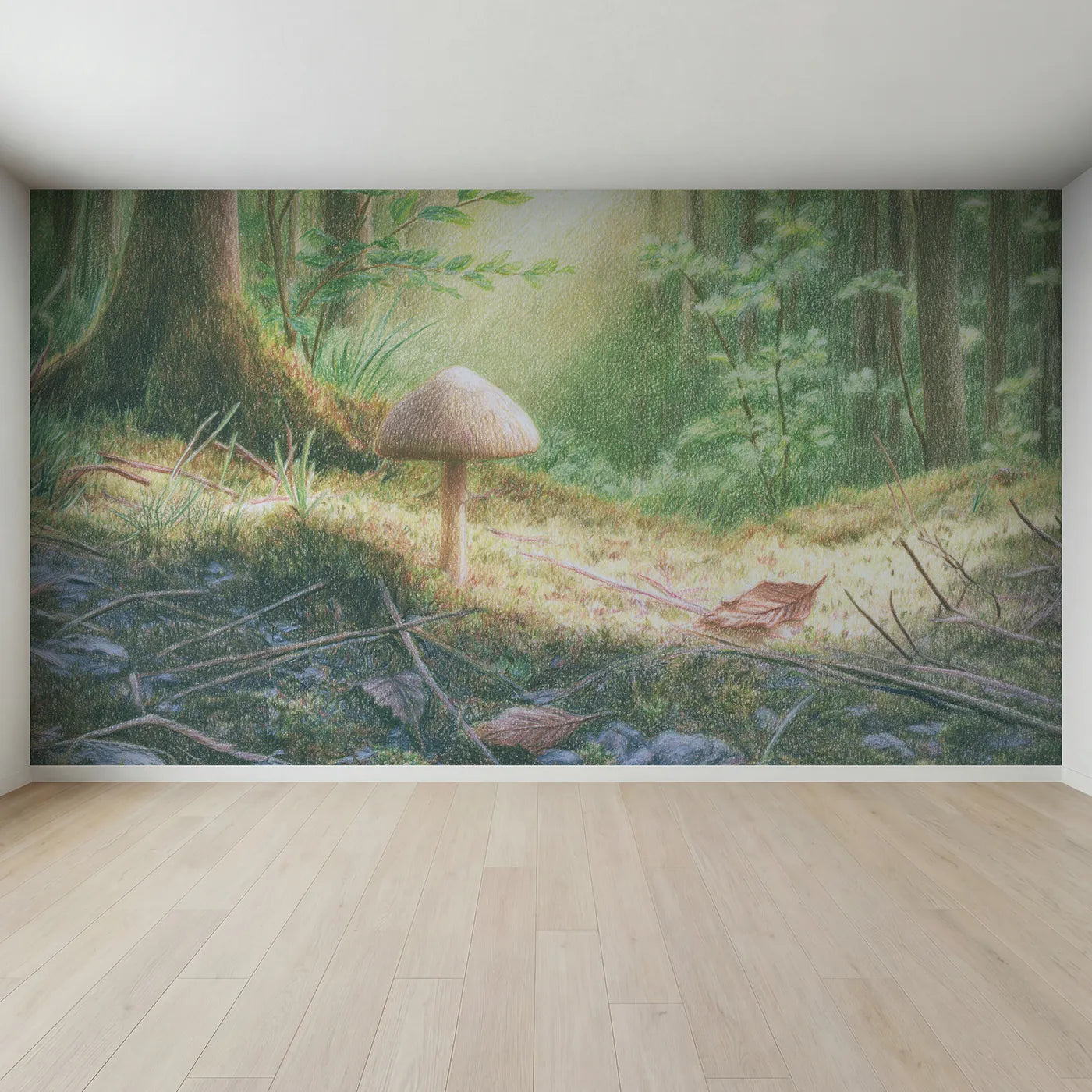 Full view of Soft Parasol Mushroom Wallpaper Mural by Whimsy Tots