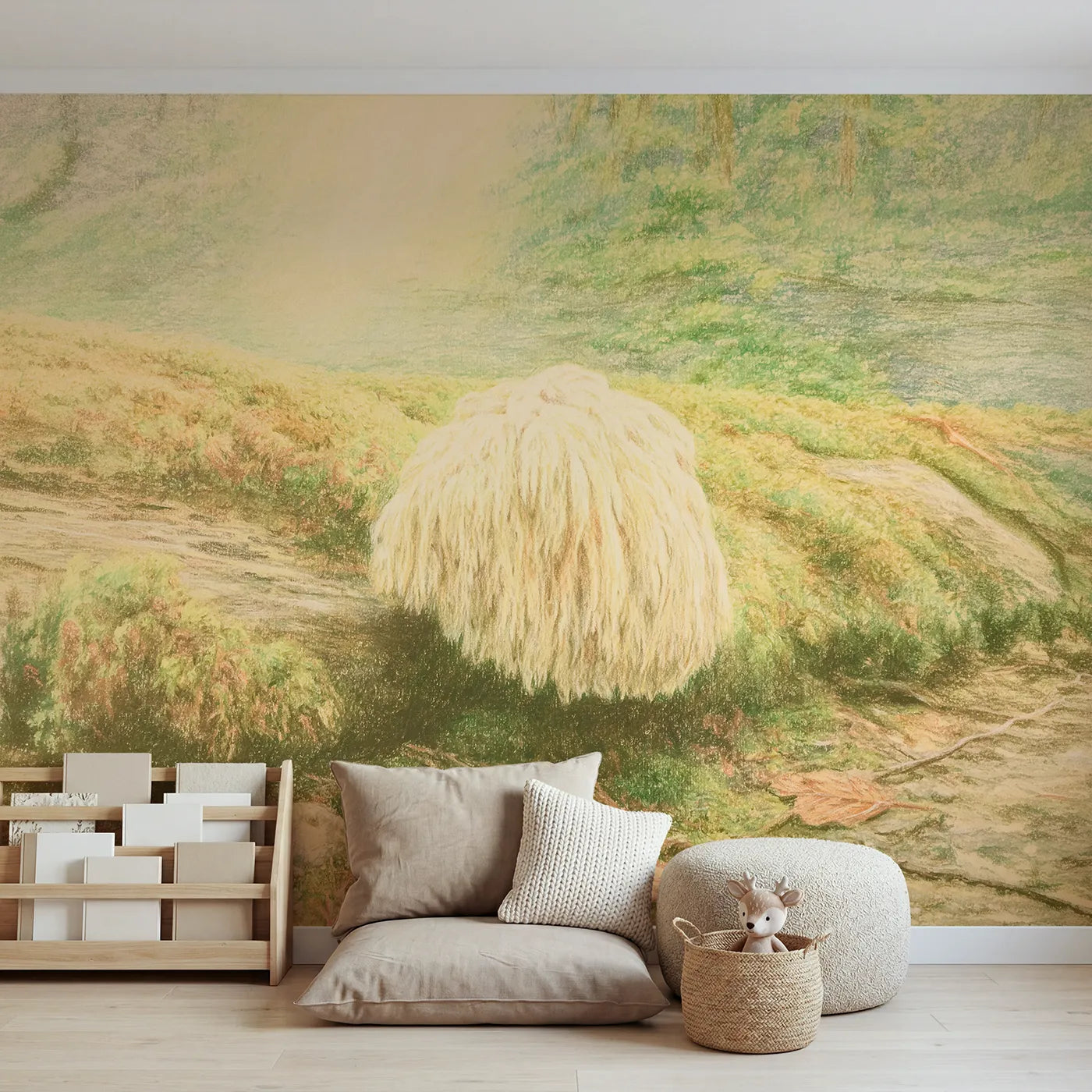 Colored pencil wall mural of a lions mane mushroom on blush by Whimsy Tots