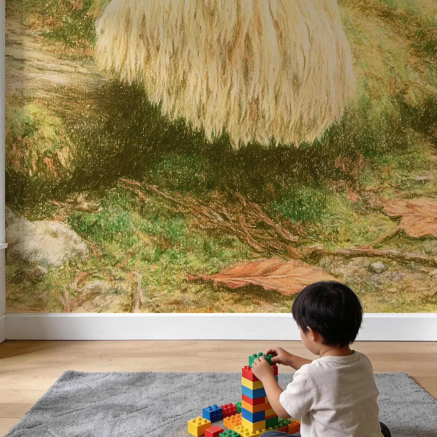 Child in nursery with Soft Lions Mane Mushroom Wallpaper Mural by Whimsy Tots