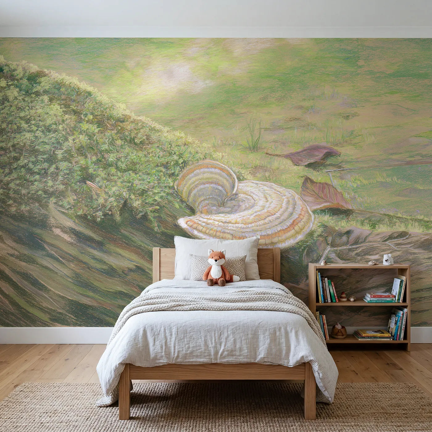 Colored pencil wall mural of a banded turkey tail fungus on blush by Whimsy Tots
