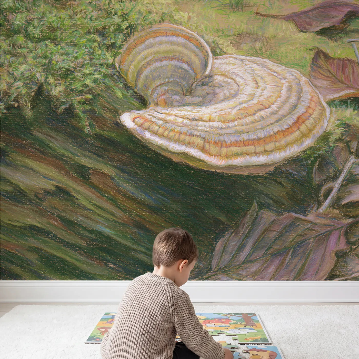 Child in nursery with Soft Turkey Tail Mushroom Wallpaper Mural by Whimsy Tots