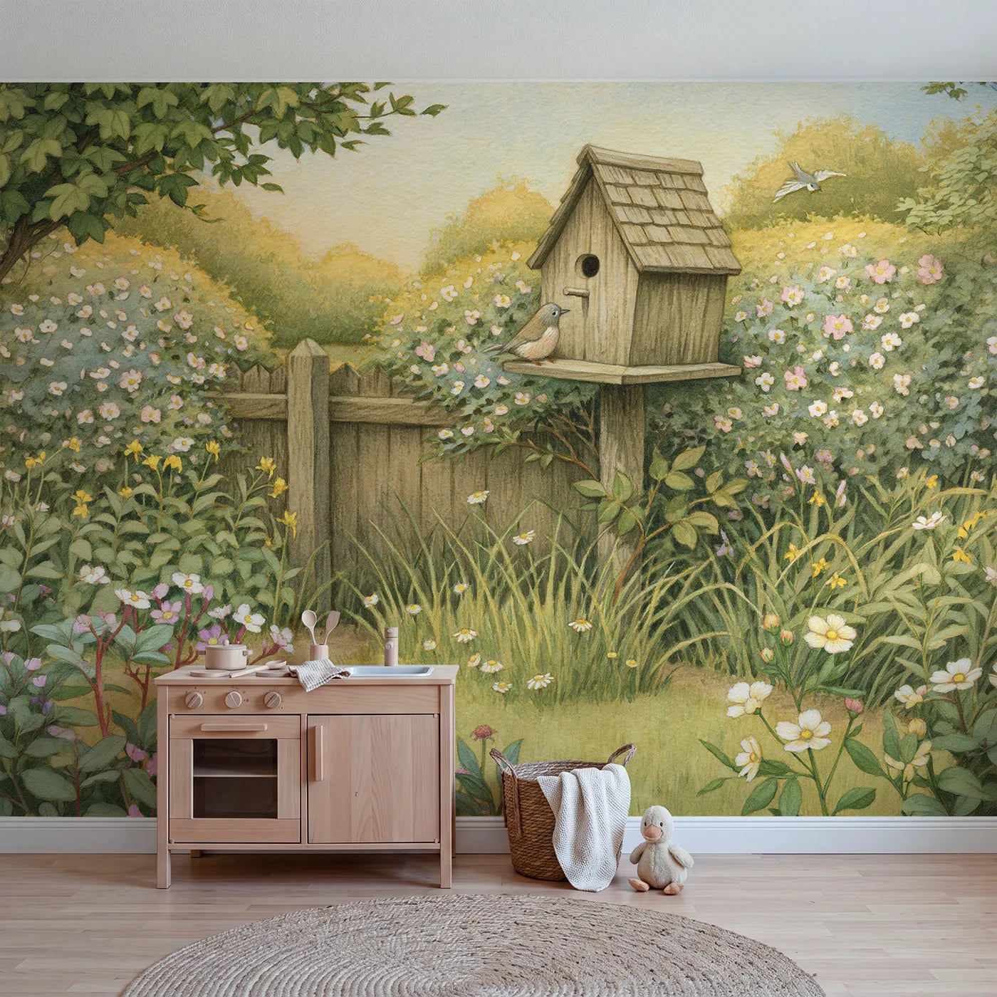 Storybook wall mural of a cozy birdhouse with a round door by Whimsy Tots