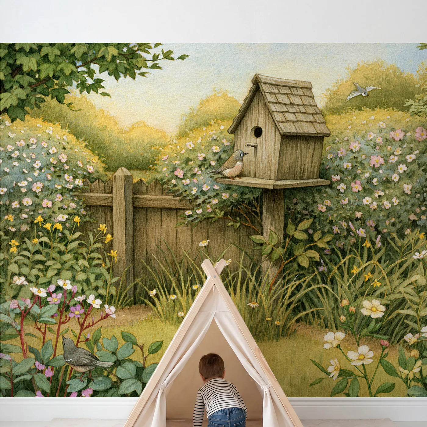 Child in nursery with Cozy Garden Birdhouse Wallpaper Mural by Whimsy Tots