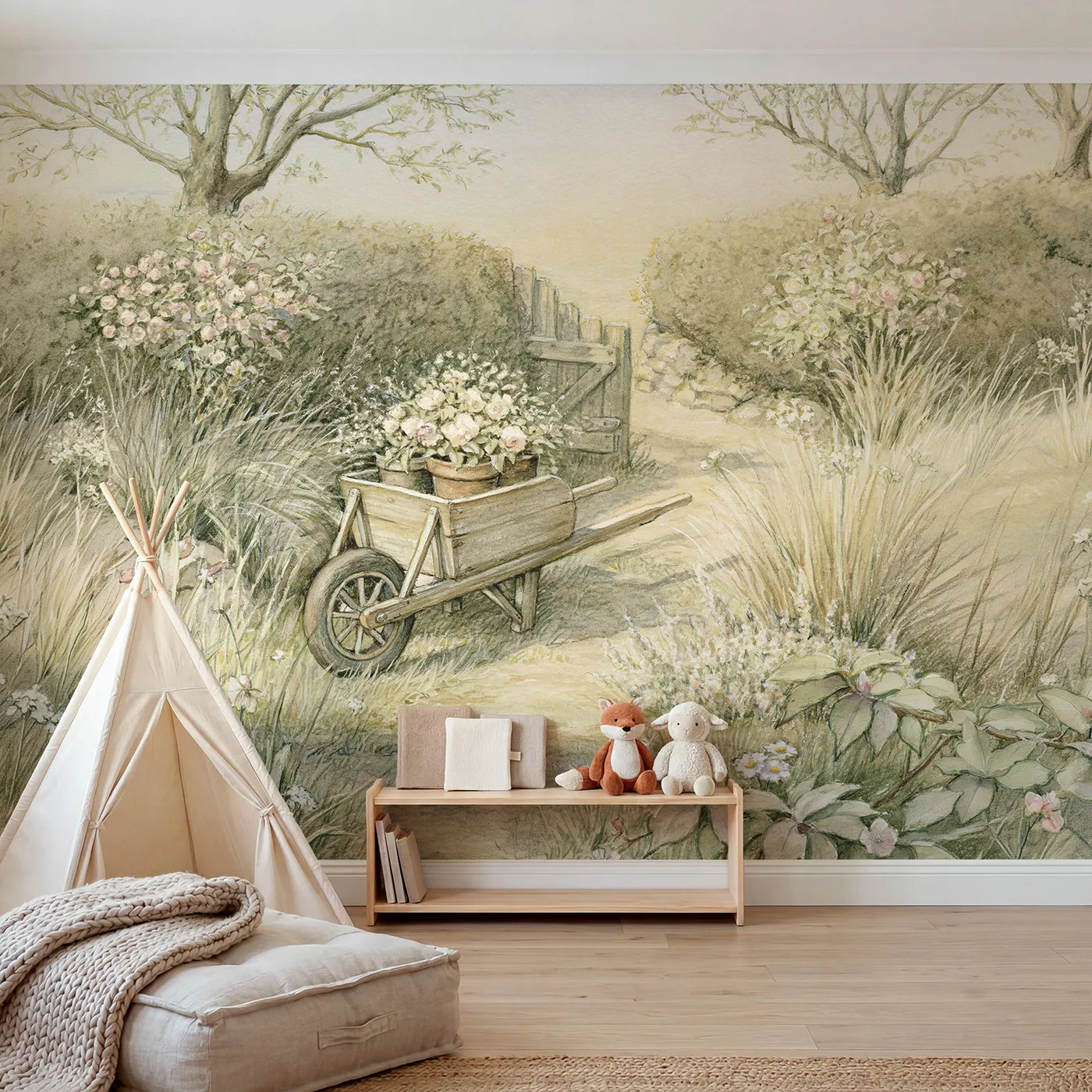 Storybook wall mural of a little garden wheelbarrow on soft blush by Whimsy Tots