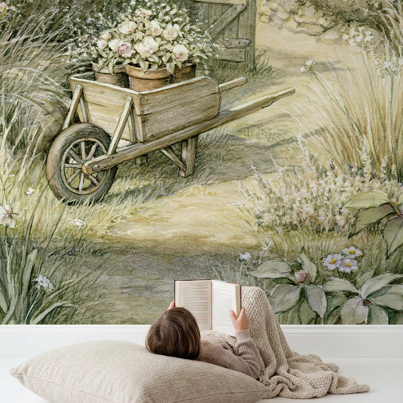 Child in nursery with Little Garden Wheelbarrow Wallpaper Mural by Whimsy Tots