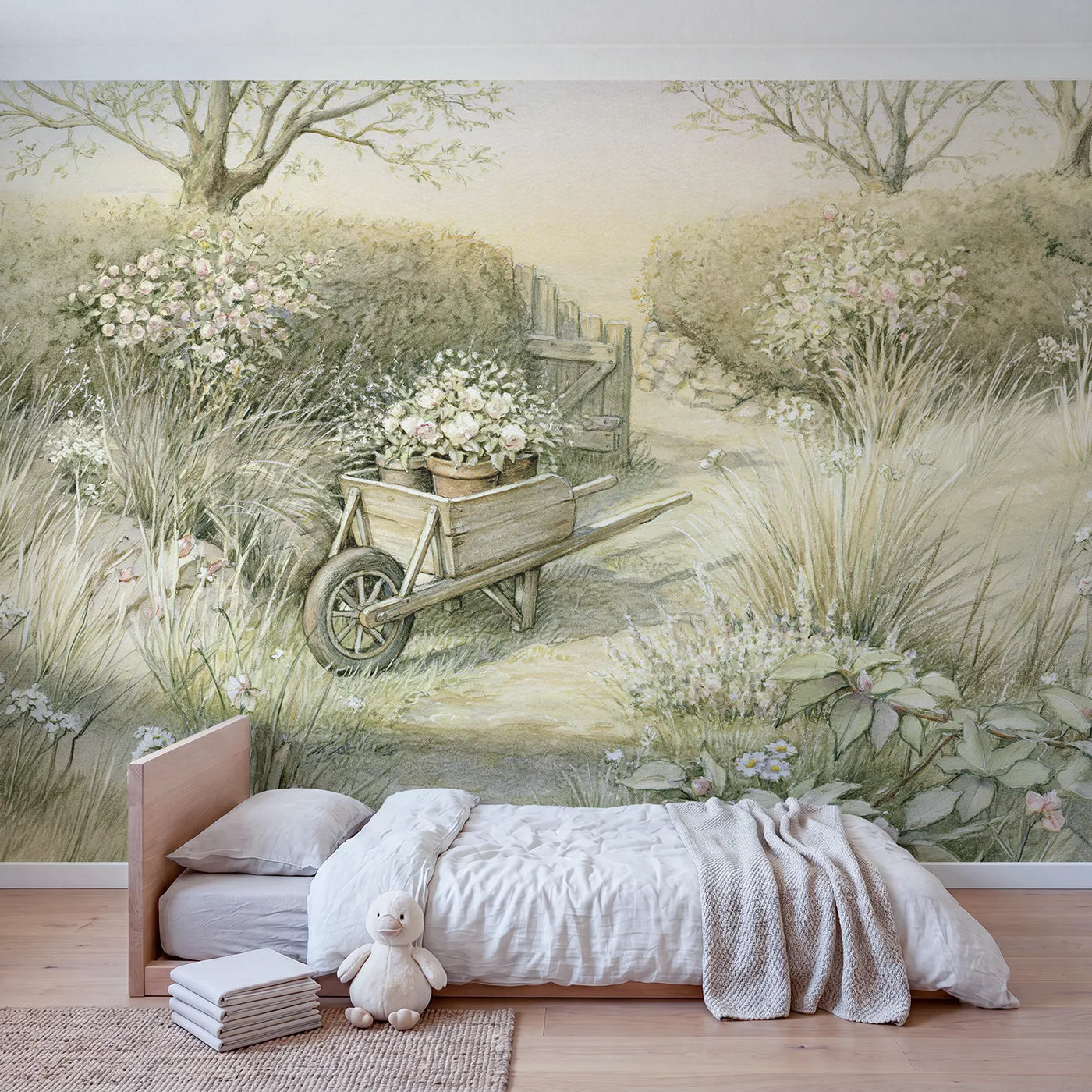Little Garden Wheelbarrow Wallpaper Mural in playroom setting by Whimsy Tots