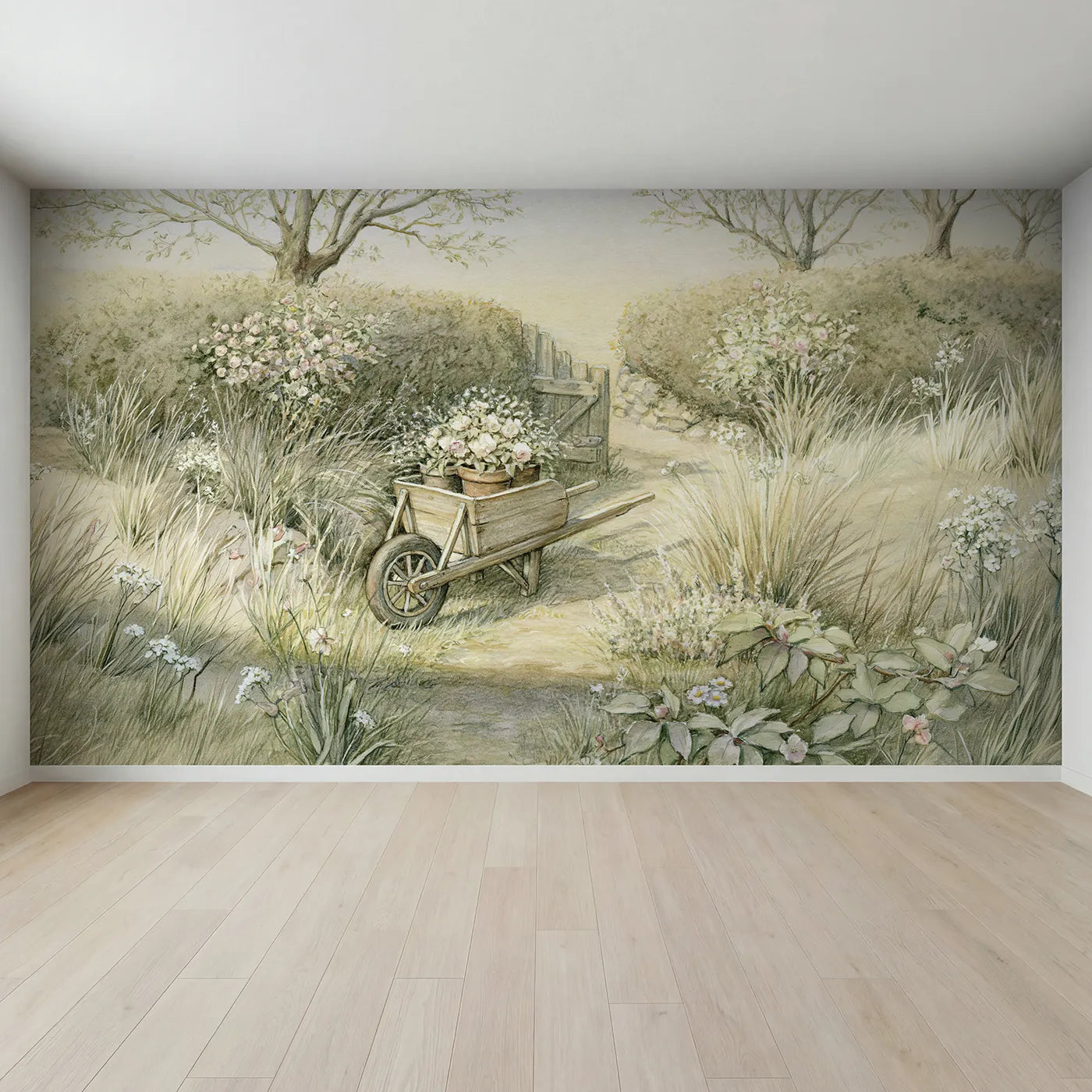 Full view of Little Garden Wheelbarrow Wallpaper Mural by Whimsy Tots