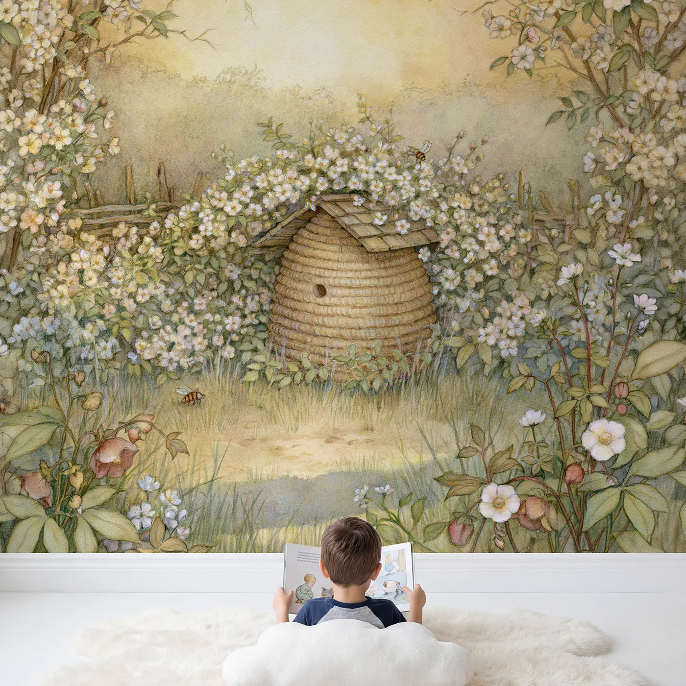 Child in nursery with Little Garden Beehive Wallpaper Mural by Whimsy Tots