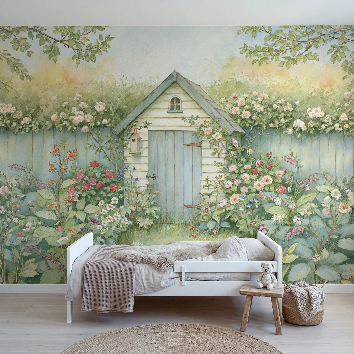 Storybook wall mural of a cozy garden shed on soft blush by Whimsy Tots