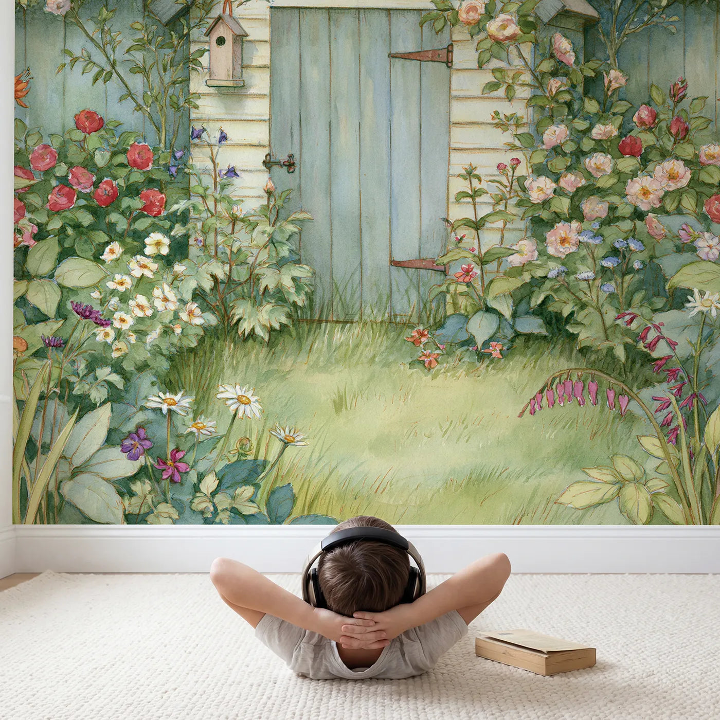 Child in nursery with Cozy Garden Shed Wallpaper Mural by Whimsy Tots