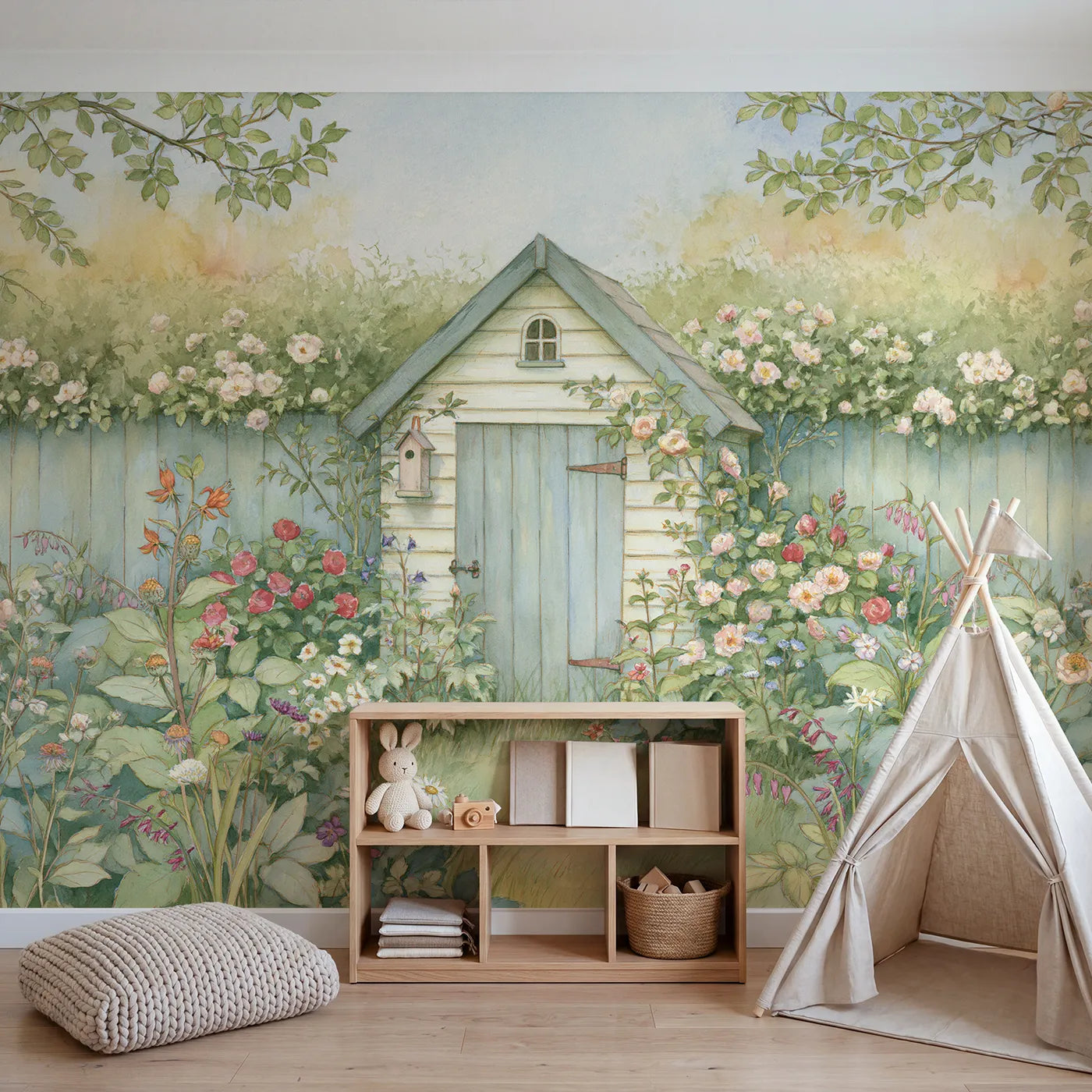 Cozy Garden Shed Wallpaper Mural in playroom setting by Whimsy Tots