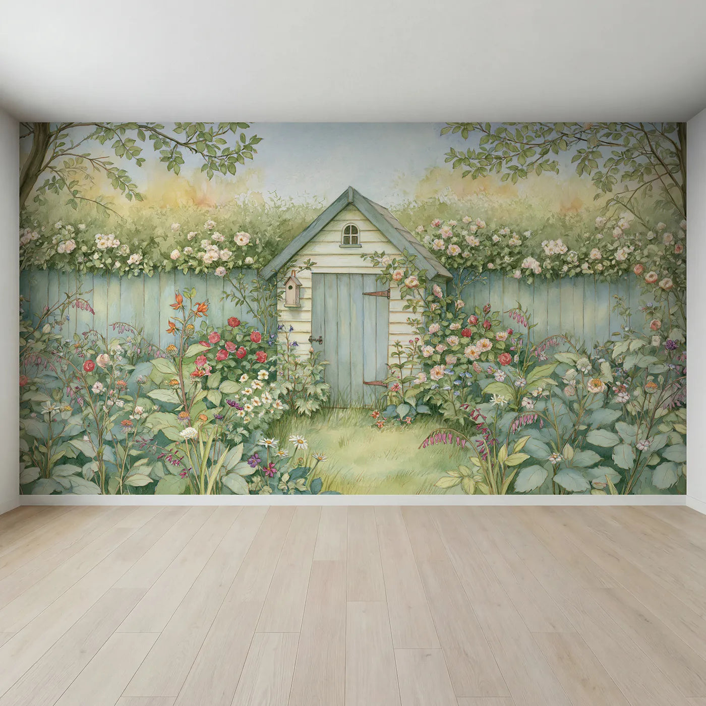 Full view of Cozy Garden Shed Wallpaper Mural by Whimsy Tots