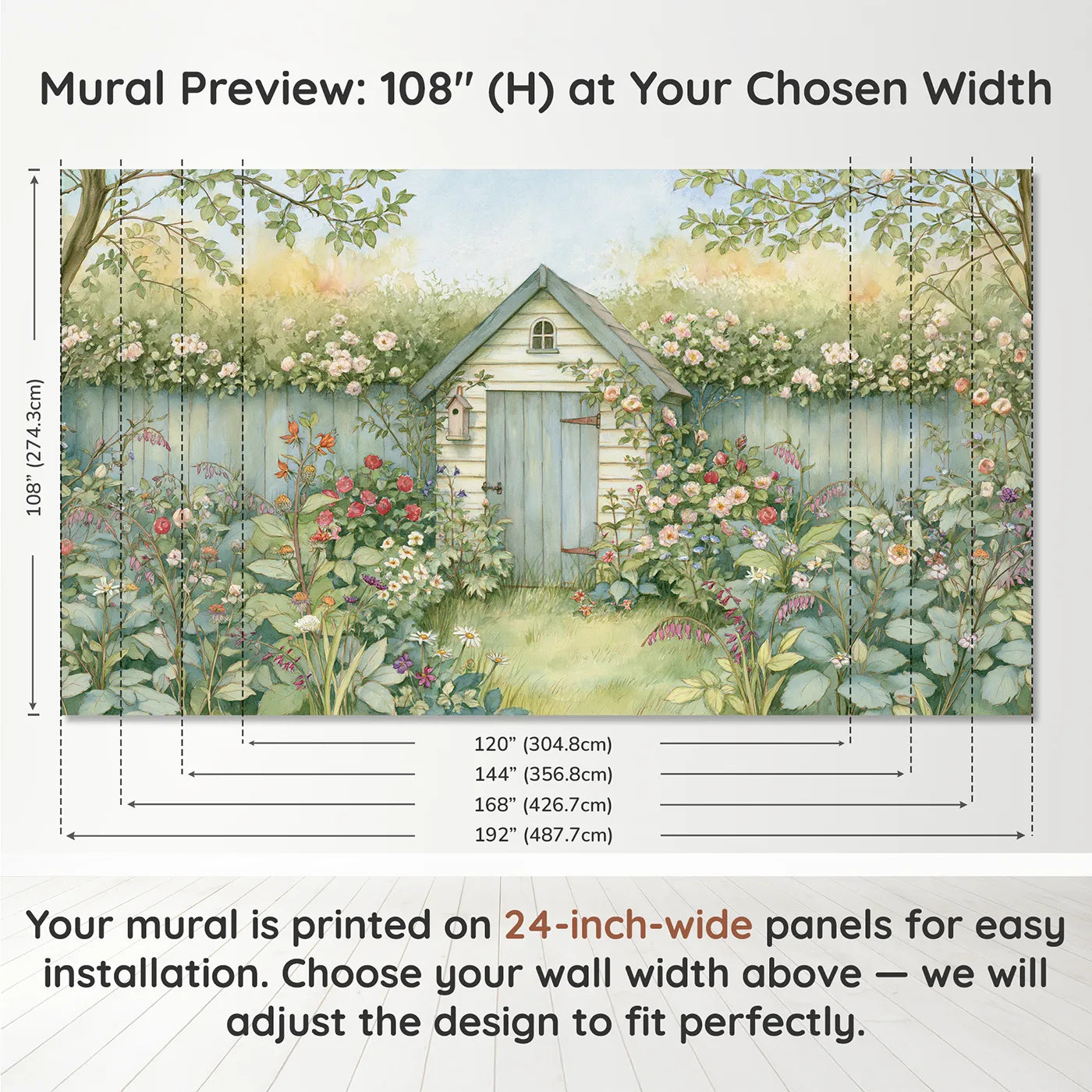 Panel layout and dimensions for Cozy Garden Shed Wallpaper Mural by Whimsy Tots