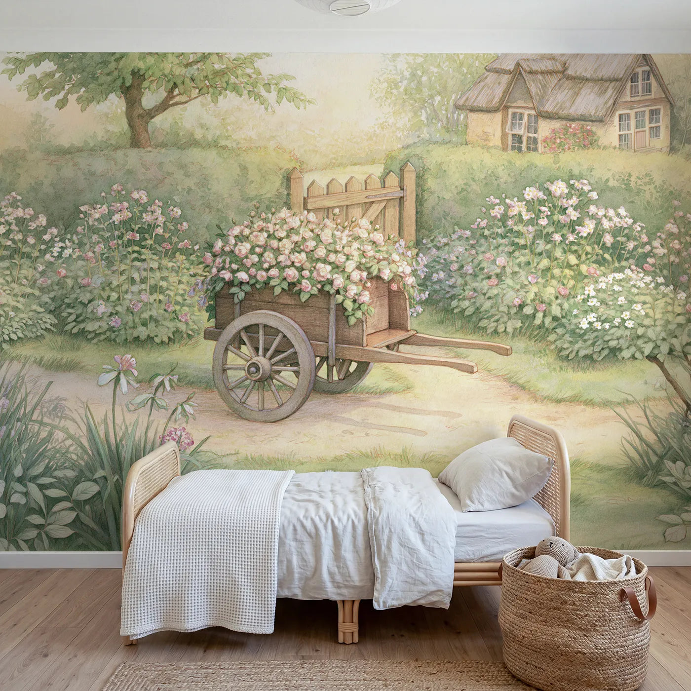 Storybook wall mural of a little flower cart on soft blush by Whimsy Tots