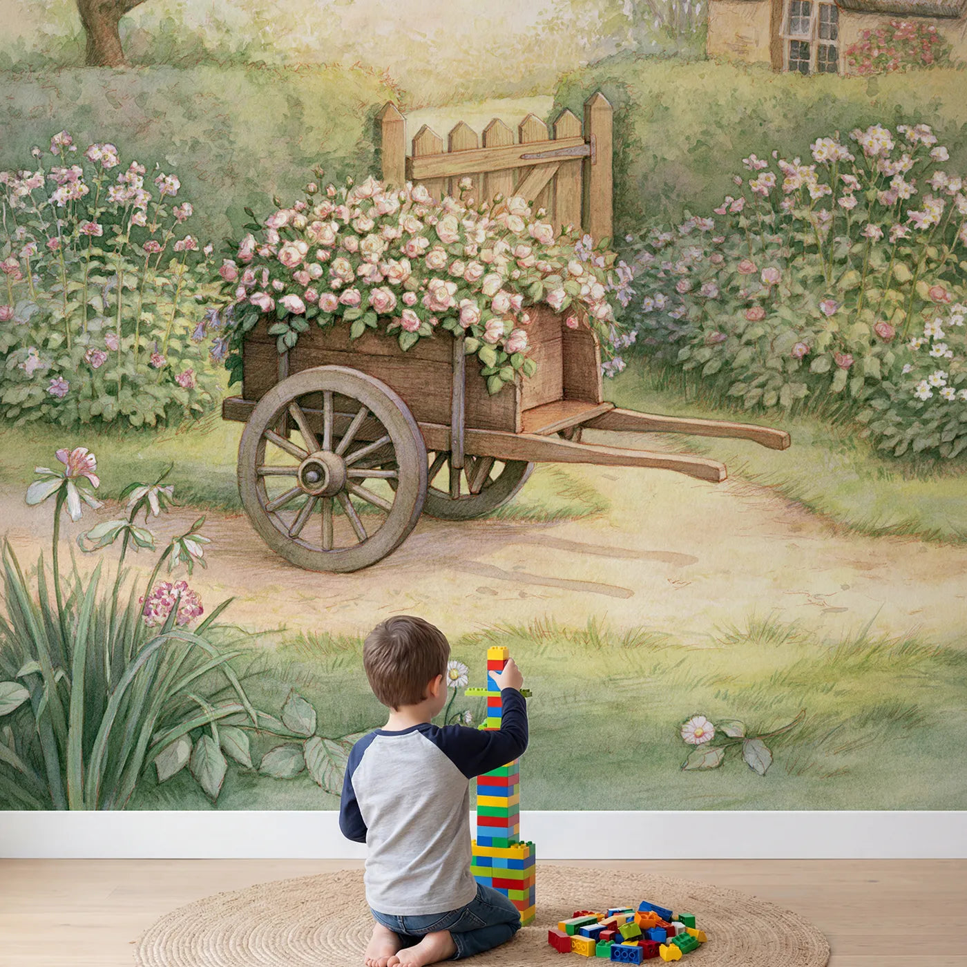 Child in nursery with Little Flower Cart Wallpaper Mural by Whimsy Tots