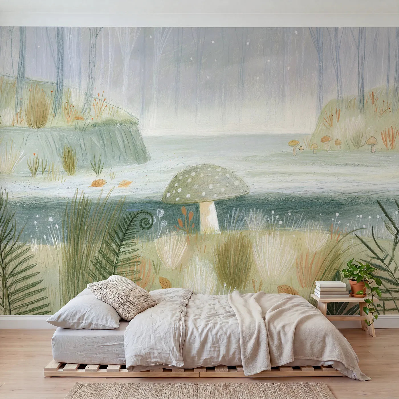 Colored pencil wall mural of a soft shaded toadstool on warm cream by Whimsy Tots