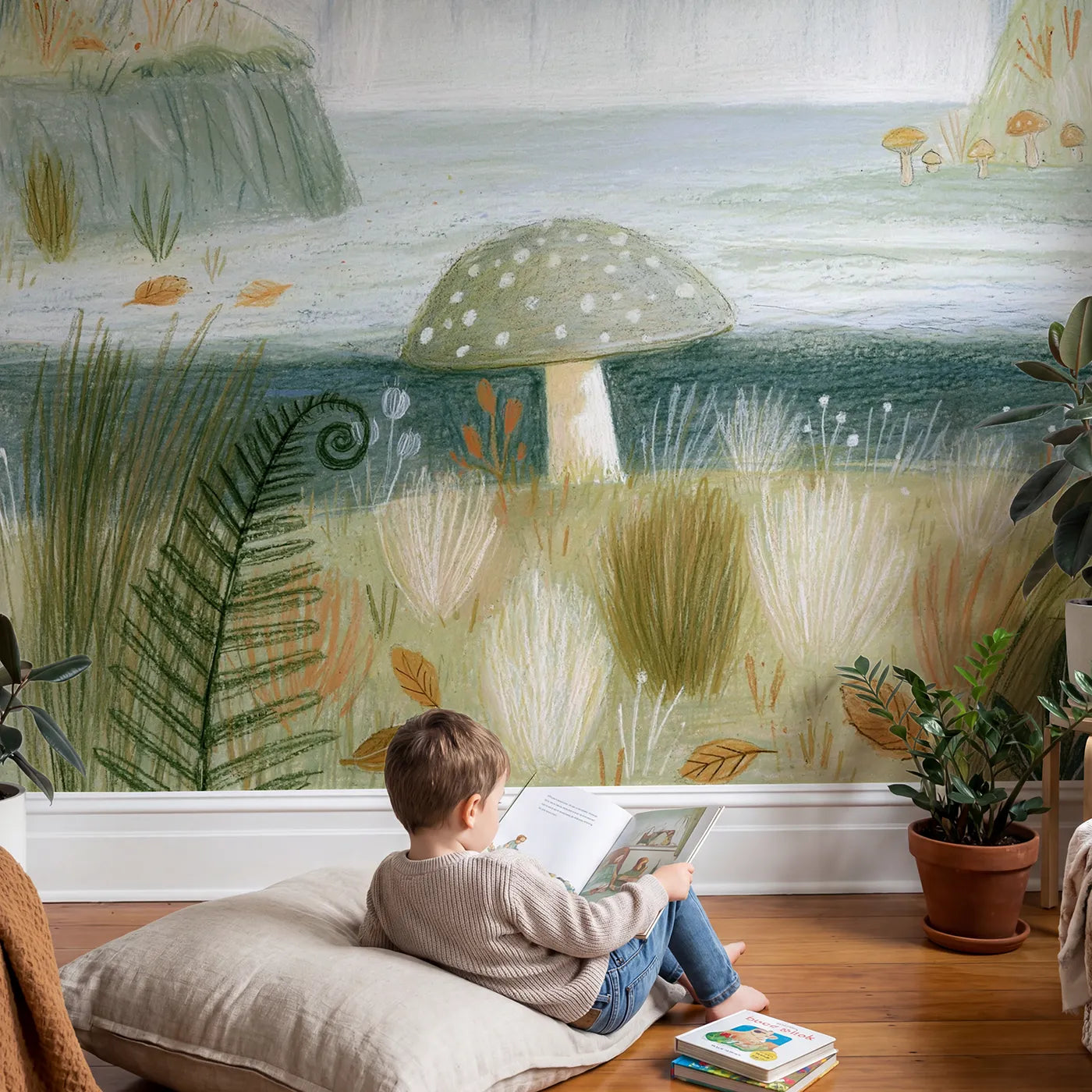 Child in nursery with Pencil Soft Toadstool Wallpaper Mural by Whimsy Tots