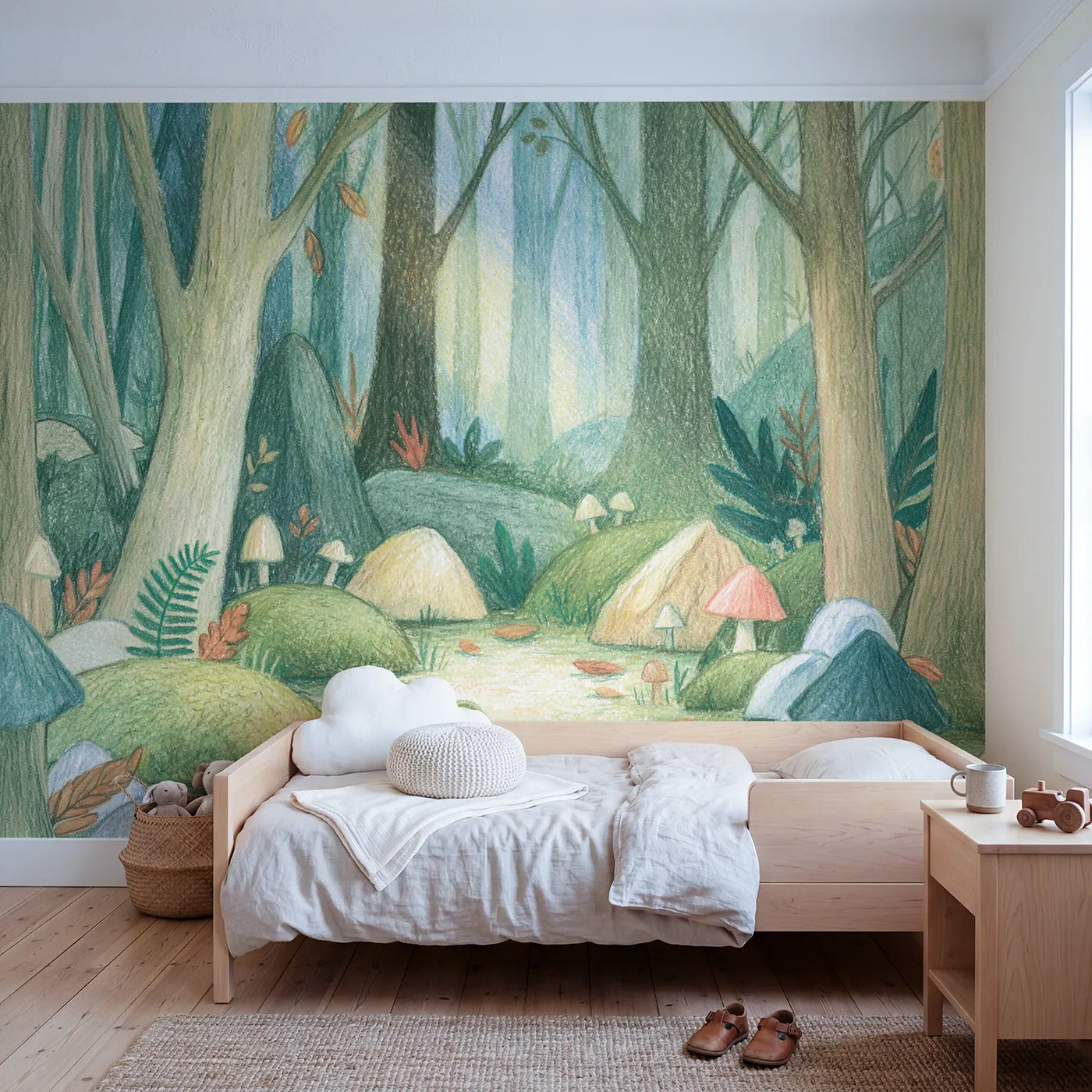 Colored pencil wall mural of a woodland nook with mushrooms on pale sage by Whimsy Tots