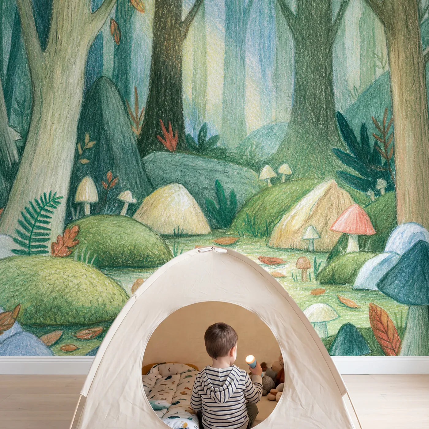 Child in nursery with Pencil Woodland Nook Wallpaper Mural by Whimsy Tots