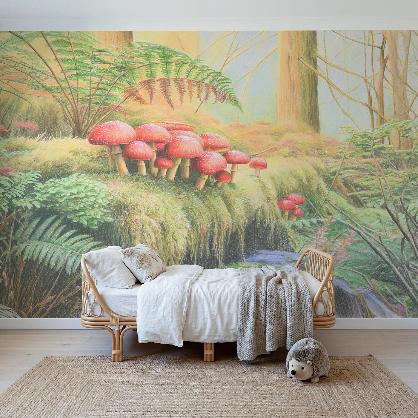 Colored pencil wall mural of toadstools on a mossy log on warm putty by Whimsy Tots