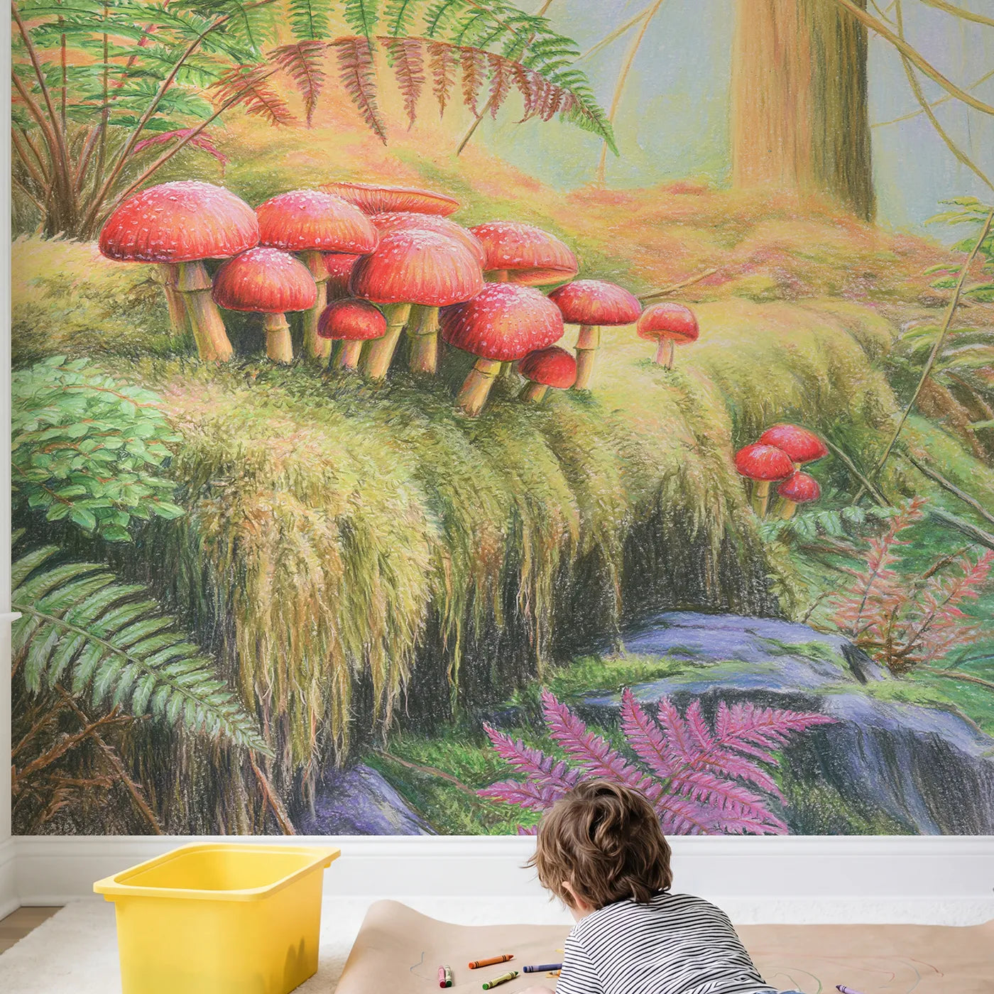 Child in nursery with Toadstool Cluster on a Log Wallpaper Mural by Whimsy Tots